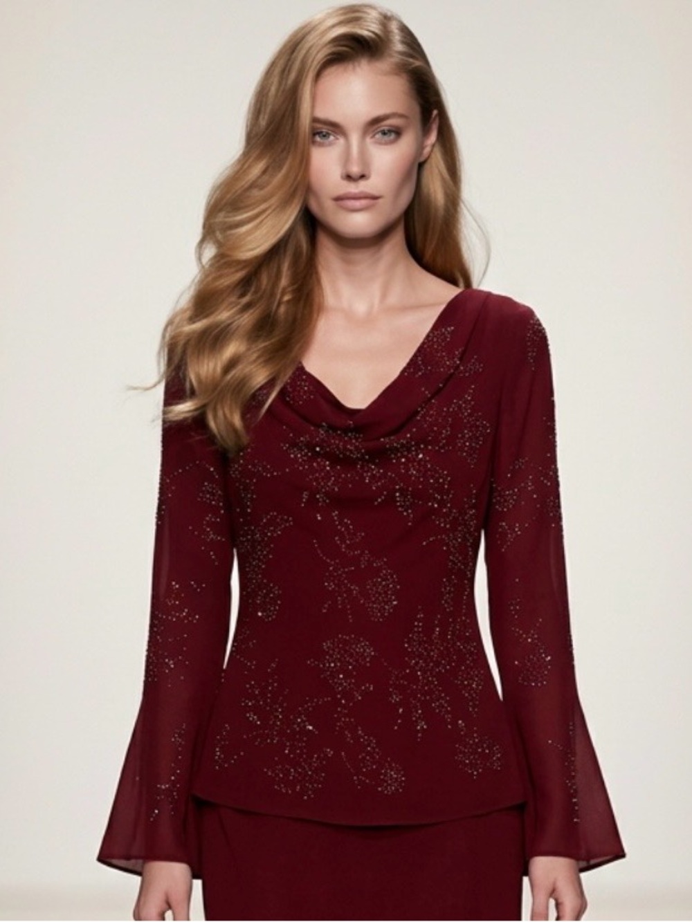 Embellished Cowl Neck Long-Sleeve Top — Burgundy